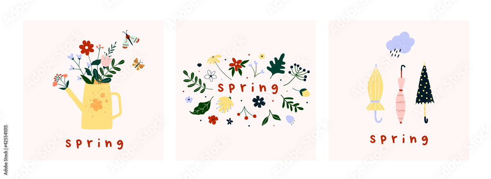 Spring mood greeting card poster template. Welcome spring season invitation. Minimalist postcard with nature leaves, watering can, flowers umbrellas. Vector illustration in flat cartoon style