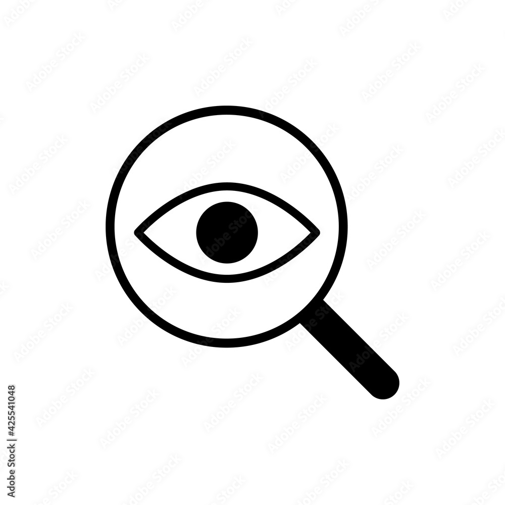 Eye with magnifying glass icon. Search sign. Review symbol. Vector isolated on white. Eye with magnifying glass icon. Search sign. Review symbol. Vector isolated on white.