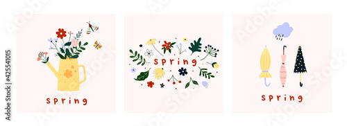 Spring mood greeting card poster template. Welcome spring season invitation. Minimalist postcard with nature leaves, watering can, flowers umbrellas. Vector illustration in flat cartoon style