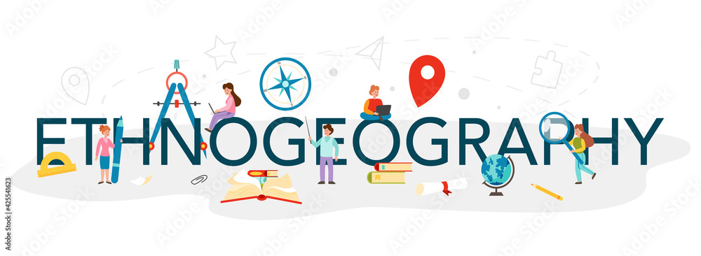 Ethnogeography typographic header. Studying geographical distribution of races Ethnogeography typographic header. Studying geographical distribution of races