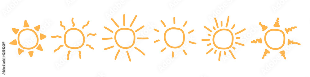 Set of hand-drawn sun isolated on white background. Doodle style. Summer concept. Vector illustration