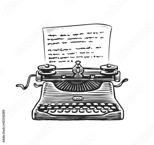 Retro typewriter with sheet of paper sketch. Hand drawn vintage vector illustration