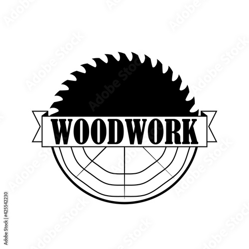 Woodwork logo with ribbon. Wooden log and circular saw. Vector for carpentry, lumberjack, woodcraft, sawmill service. Isolated clipart on white background.