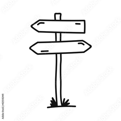 Wooden road sign hand-drawn isolated on a white background. A tree sign indicating the direction of the path. Doodle style. Vector illustration