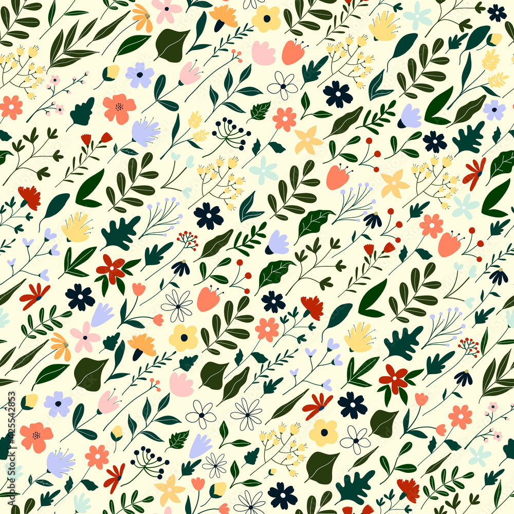 Seamless pattern with cute hand drawn purple flowers and leaves. Cozy hygge scandinavian style template for fabric, packaging, kids t shirt design. Vector illustration in flat cartoon style Seamless pattern with cute hand drawn purple flowers and leaves. Cozy hygge scandinavian style template for fabric, packaging, kids t shirt design. Vector illustration in flat cartoon style