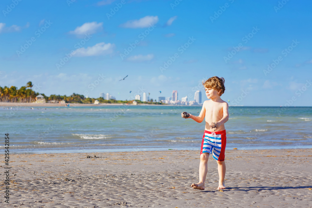 Active little kid boy having fun on Miami beach, Key Biscayne. Happy cute child running near ocean on warm sunny day. Healthy kid in swim trousers hunting seagull birds Active little kid boy having fun on Miami beach, Key Biscayne. Happy cute child running near ocean on warm sunny day. Healthy kid in swim trousers hunting seagull birds