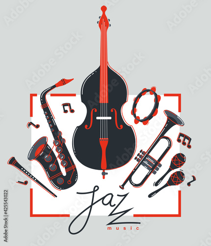 Jazz music band poster different instruments vector flat illustration, live sound festival or concert advertising flyer or banner, play different instruments orchestra.