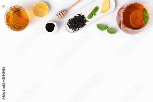 Wallpaper Mural Design concept top view of honey black tea with lemon and mint. Torontodigital.ca