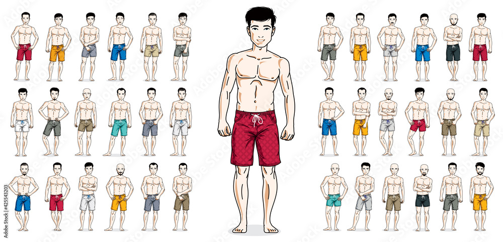 Fototapeta premium Handsome men in beach shorts standing and posing vector illustrations big set isolated on white, attractive gorgeous males in full length people characters collection slim perfect athletic body.
