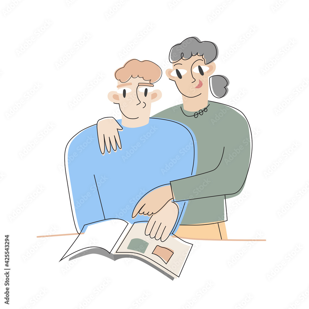 A young man with his mother is looking at a photo album. Vector flat illustration