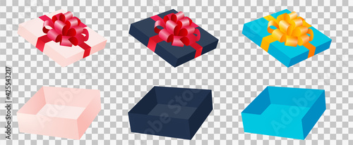 New Isolated Vector Set of Unpacked Gift Boxes. Suitable for sales and contests. Open black frame with red ribbon	 photo