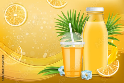 Orange juice ads. Tasty citrus juice package design, promotion poster, banner template, vector illustration.