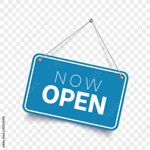 Now Open blue color signboard. Vector illustration