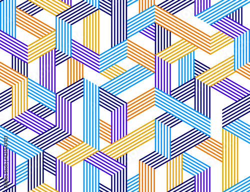 Seamless isometric lines geometric pattern, 3D cubes vector tiling background, architecture and construction, wallpaper design.