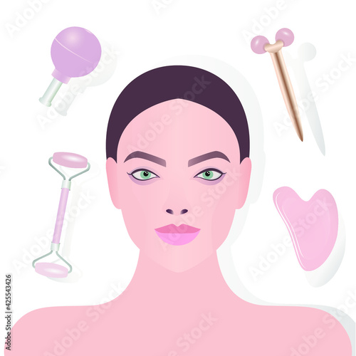 Facial care. Home massage tools. Close-up of the girl's face. Vacuum can, guache scraper, jade roller massager.