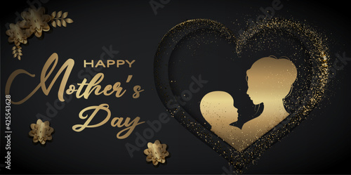 card or banner on happy mothers day in gold with next to a black heart and in it a woman and a child in gold on a black background with flowers and gold glitter