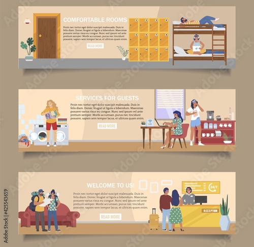 Hostel vector banner template set. Reception, cheap comfortable dormitory rooms, kitchen, laundry for budget tourists.