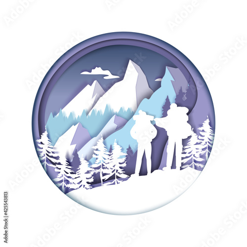 Paper cut hiker couple silhouettes, winter mountains. Tourists with backpacks hiking, trekking, vector illustration.