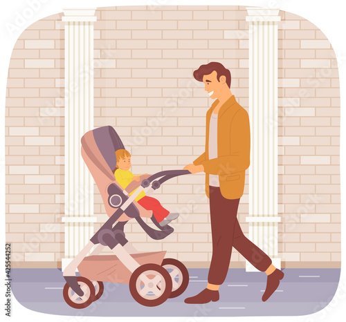 Father walking along city street with baby sitting in stroller. Dad on maternity leave with child