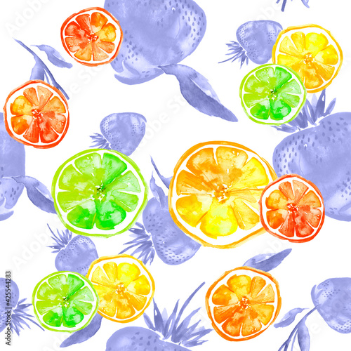 Fototapeta Naklejka Na Ścianę i Meble -  seamless pattern with watercolors - from tropical fruit, citrus spray, lemon, orange, lime, grapefruit paint splash. berry, strawberry. Bright fashionable background. Citrus Tropical Fruit Watercolor