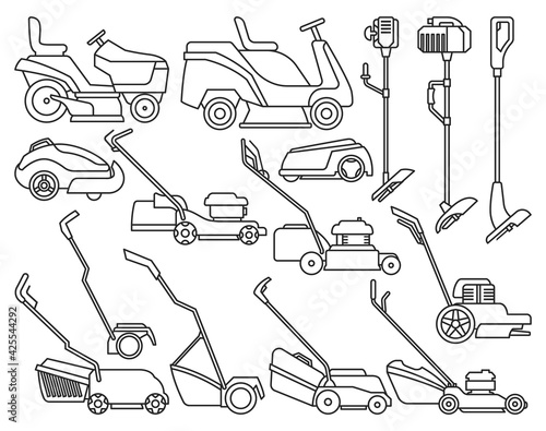 Lawn mower vector illustration on white background. Isolated outline set icon lawnmower. Vector outline set icon lawn mower.