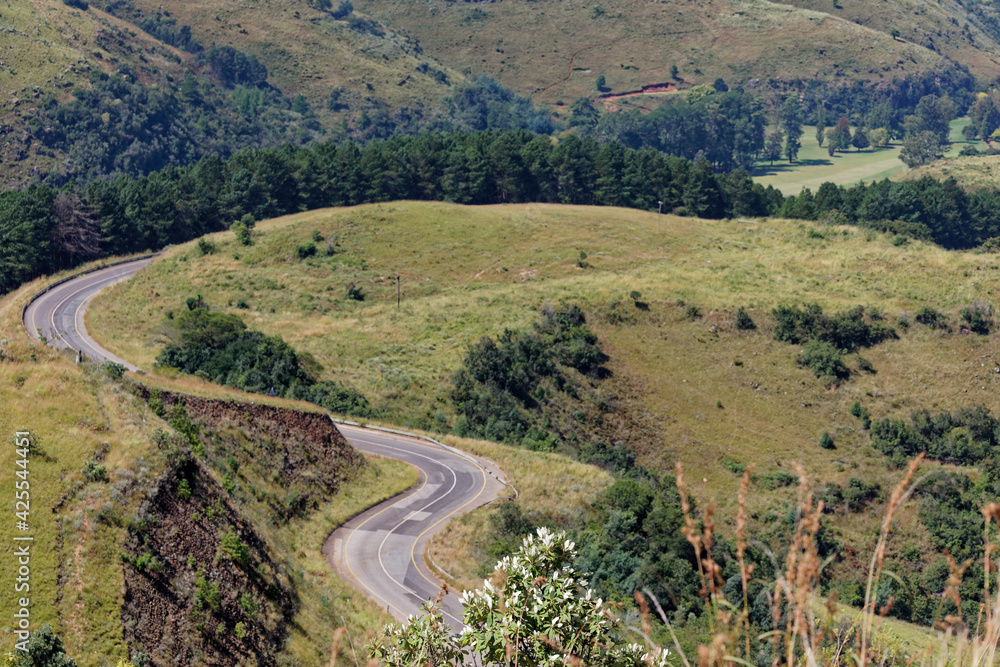 View over Robbers Pass winding road leading to Pilgrims Rest, Mpumalanga