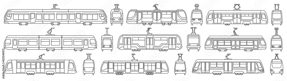 Tram vector outline set icon. Vector illustration streetcar on white ...