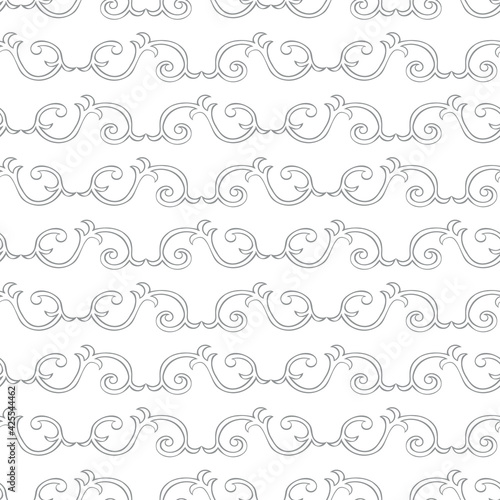 Vector interlinked decorative swirls seamless pattern background. Horizontal rows of ornate curled shapes in baroque style on white backdrop.Neutral vintage ornate design. Geometric repeat for wedding