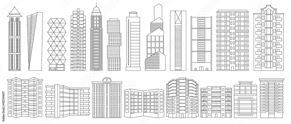 High building isolated Outline set icon.Vector illustration illustration skyscraper on white background .Outline vector set icon high building.