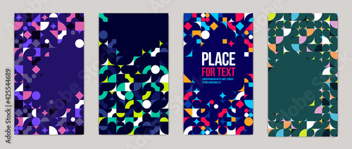 Backgrounds and cover templates vector set, abstract geometric designs, bright color compositions with copy spaces for text, complex modern art layout.