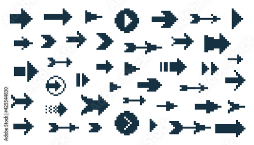 8 Bit pixel arrows vector big set of icons, collection of arrow direction cursors in old PC or gaming console style, single color symbols for logos.