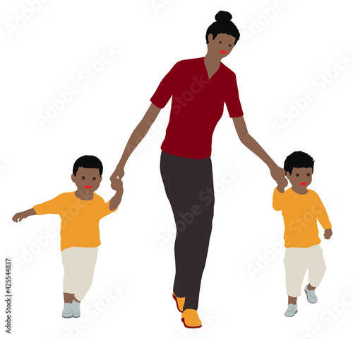 母親と子供達のフラットなイラスト