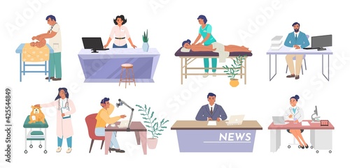 People of different occupations and professions, workers cartoon characters at workplace, flat vector illustration.