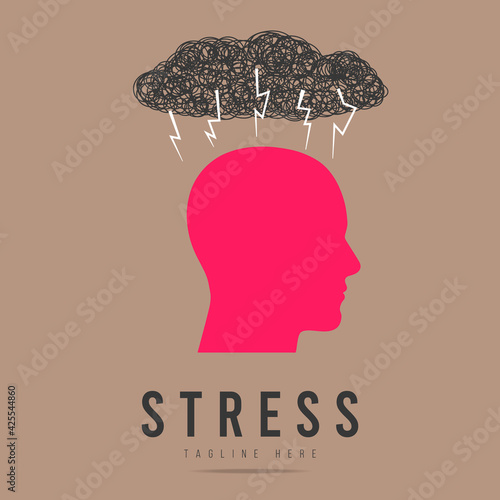 Icon,logo psychotherapy,stress,depression,psychosis,mind crisis personality.Profile human head with sign thunderclouds,tangled ball of nerves,scribbles symbol depressed state person.Psychological help
