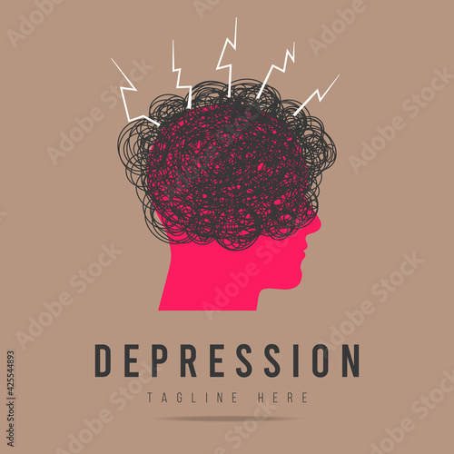 Icon,logo psychotherapy,stress,depression,psychosis,mind crisis personality.Profile human head with sign thunderclouds,tangled ball of nerves,scribbles symbol depressed state person.Psychological help