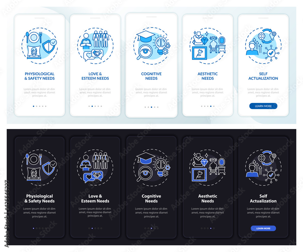 Human being needs onboarding mobile app page screen with concepts. Psychology walkthrough 5 steps graphic instructions. UI, UX, GUI vector template with linear night and day mode illustrations