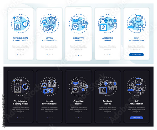Human being needs onboarding mobile app page screen with concepts. Psychology walkthrough 5 steps graphic instructions. UI, UX, GUI vector template with linear night and day mode illustrations