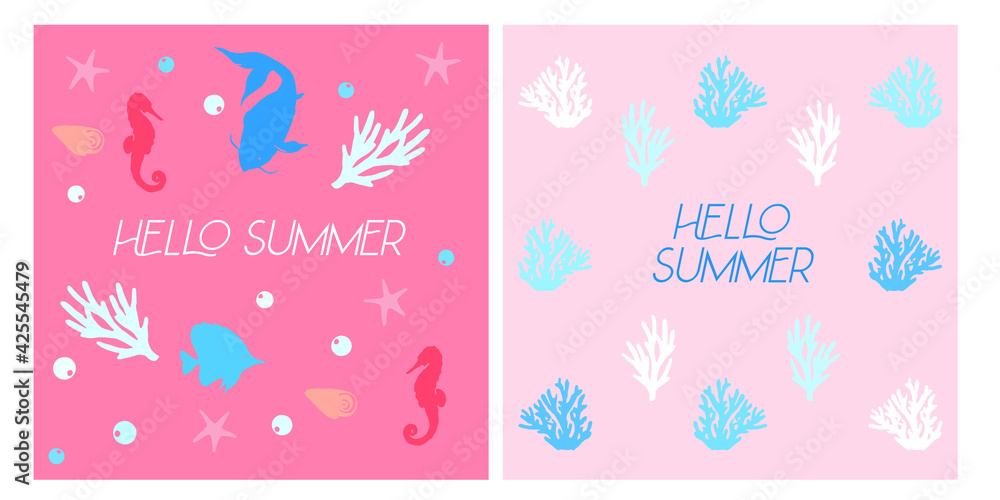 Hello Summer vector ocean set with fishes, corals, stars on pink background. Template for card, post, banner design.