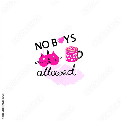 pajama party inscription with a pink feather on the background, cocoa with marshmallows, a cozy cup, a cat sleep mask, no boys allowed inscription; girls power