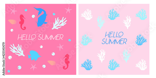 Hello Summer vector ocean set with fishes  corals  stars on pink background. Template for card  post  banner design.