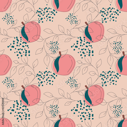 Pink peach fruit seamless pattern. Vector illustration of an infinite pattern with linear leaves and colored drops. Ripe juicy fruit in a flat linear style