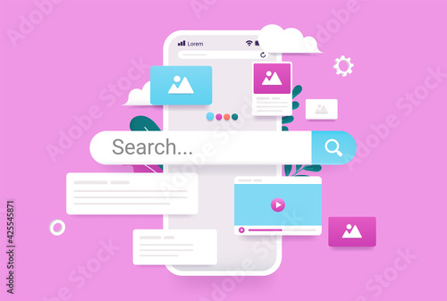 Smartphone with search engine on screen - Search bar, images, video and information popping out in colourful modern 3d vector illustration.