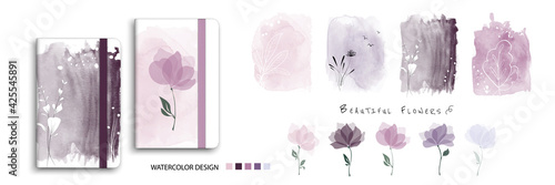 Set of nature watercolor art with beautiful flowers