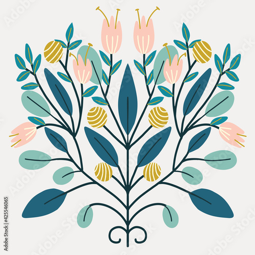 Folk art Scandinavian symmetric design. Retro floral folk art pattern