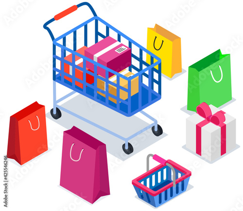 Isometric bags near shopping cart. Containers for buying goods in store. Paper, basket, gift boxes