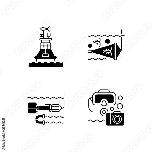 Marine exploration black linear icons set. Weather buoy system. Plankton net equipment. Marine magnetometer. Underwater photography. Glyph contour symbols. Vector isolated outline illustrations