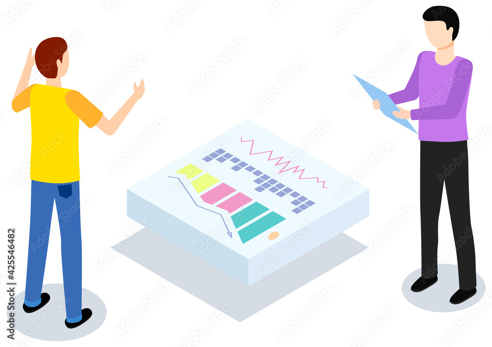 Men while analysing statistical indicators. People study statistics shown on center platform Men while analysing statistical indicators. People study statistics shown on center platform