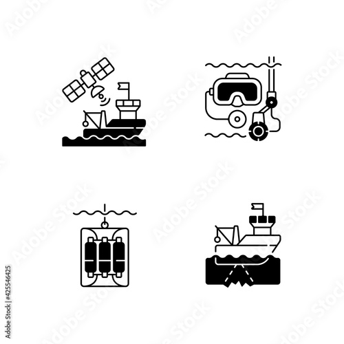 Marine exploration black linear icons set. Taking water sampler from ocean or sea with use of special equipment. Nautical industry. Glyph contour symbols. Vector isolated outline illustrations