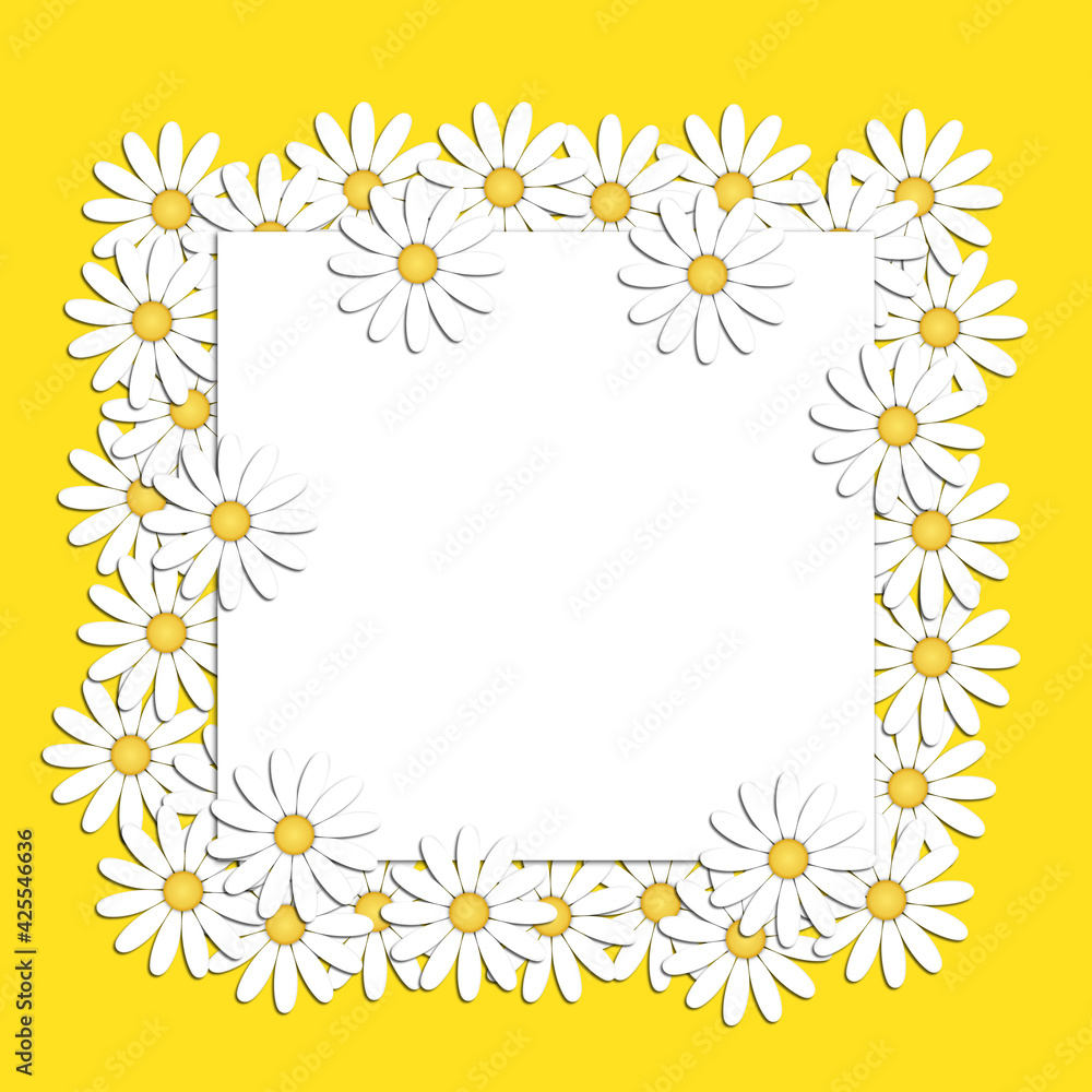 Beautiful modern background with white chamomile flowers with a blank sheet of writing paper in the center. Floral fashion creative ideas. Stylish nature spring or summer background. Beautiful modern background with white chamomile flowers with a blank sheet of writing paper in the center. Floral fashion creative ideas. Stylish nature spring or summer background.
