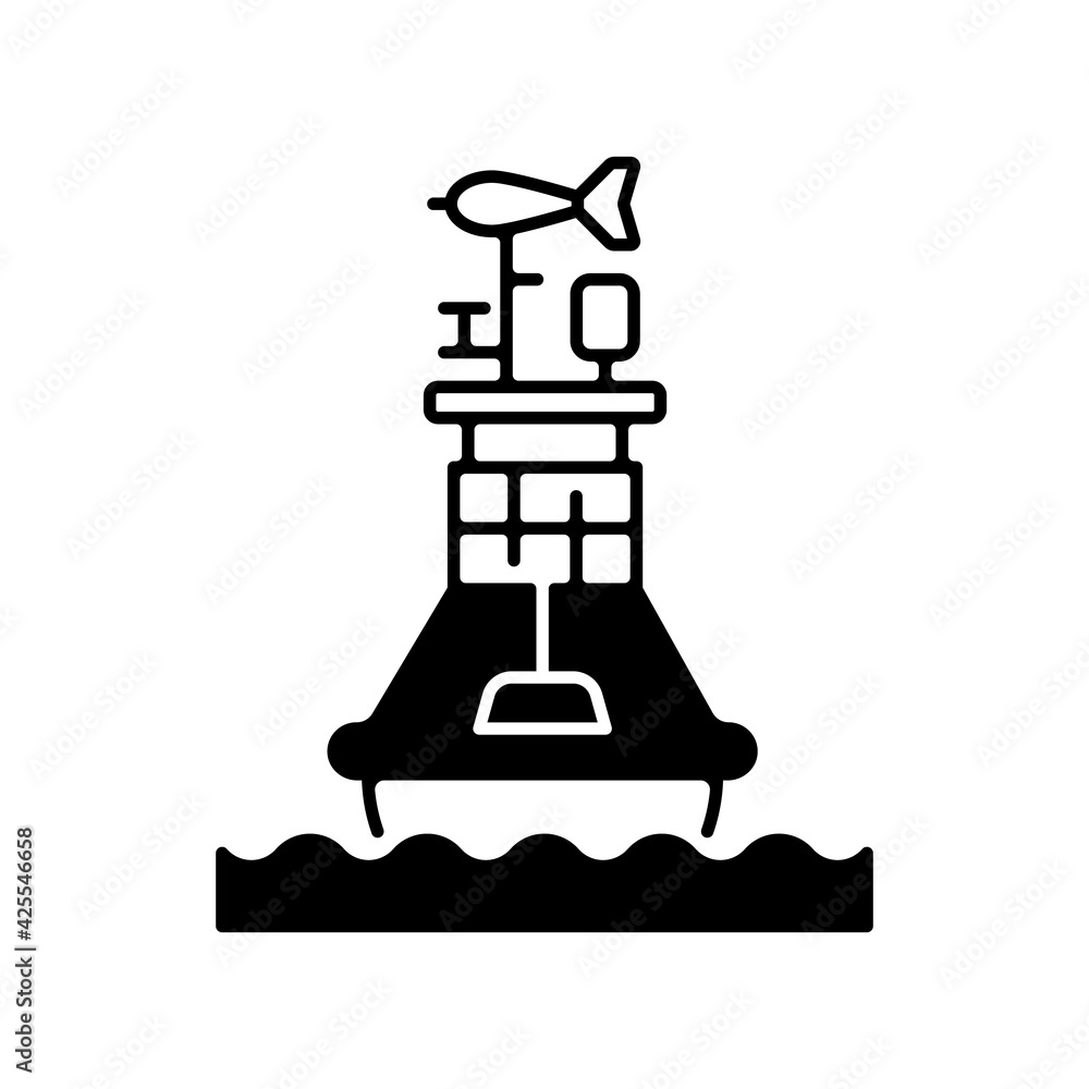 Weather buoy black linear icon. Set of seven very precise sensors that measure how energy and water move between ocean and atmosphere. Outline symbol on white space. Vector isolated illustration Weather buoy black linear icon. Set of seven very precise sensors that measure how energy and water move between ocean and atmosphere. Outline symbol on white space. Vector isolated illustration